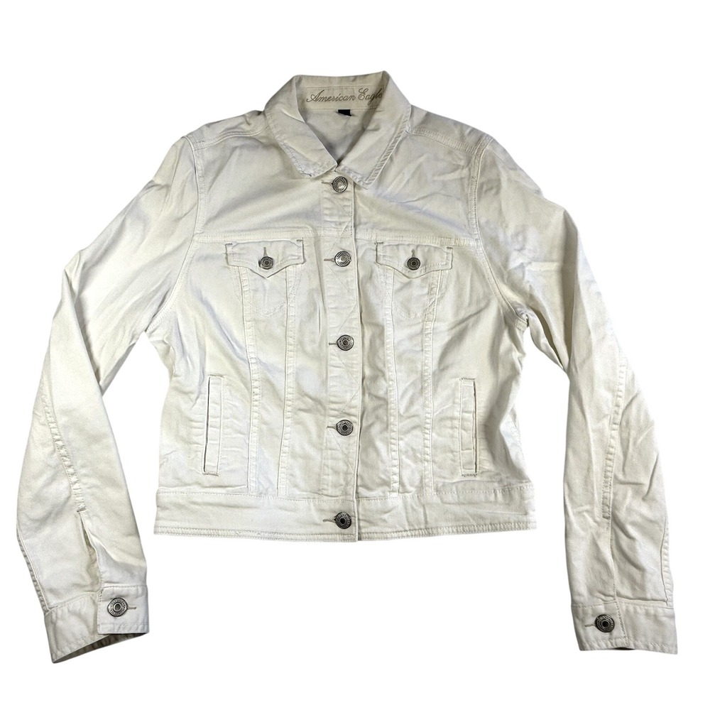 American Eagle Jean Jacket Women XL White Denim Trucker Button Boho Y2k Festival